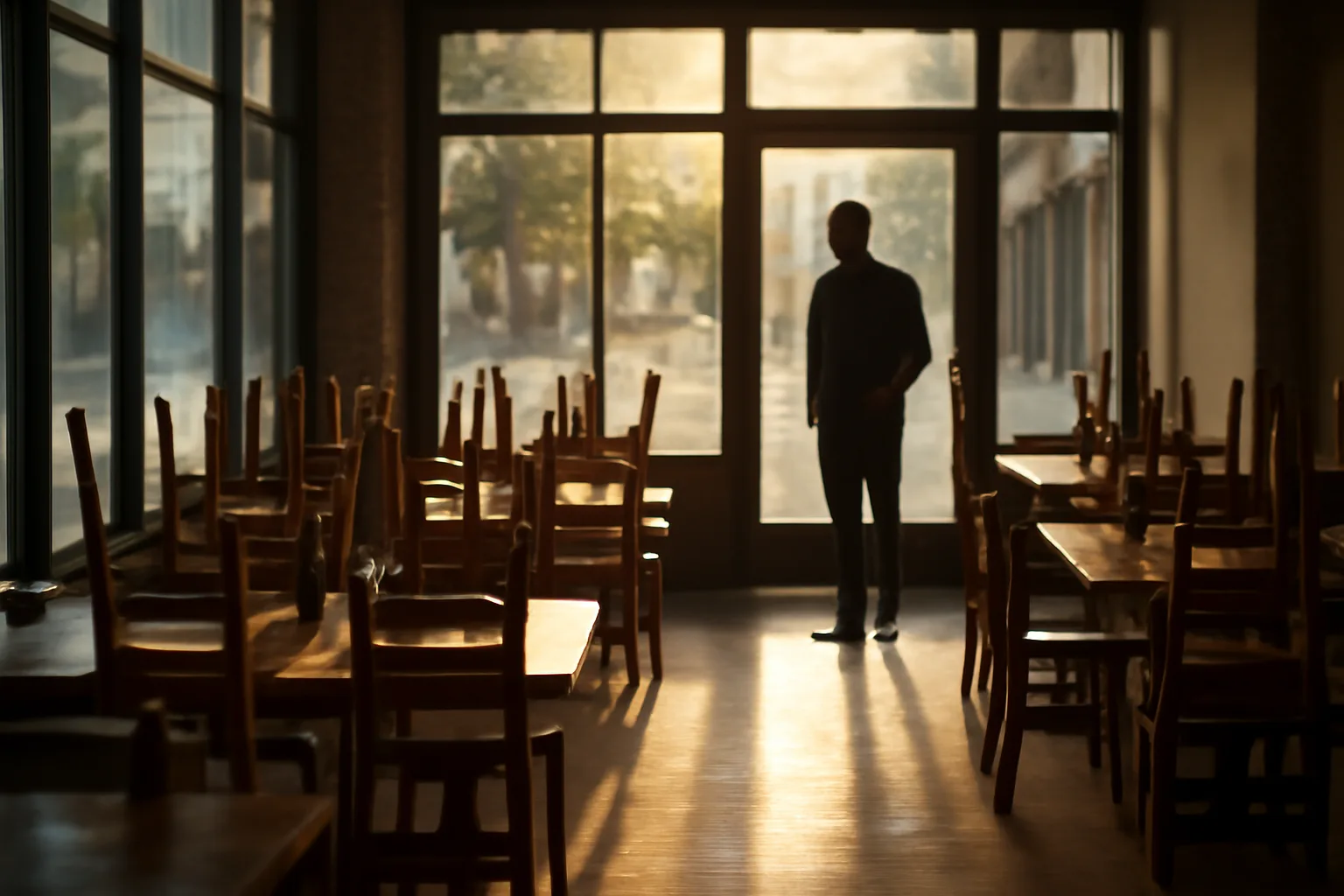 Bar owner waits inside an empty dining room during a liquor license transfer delay