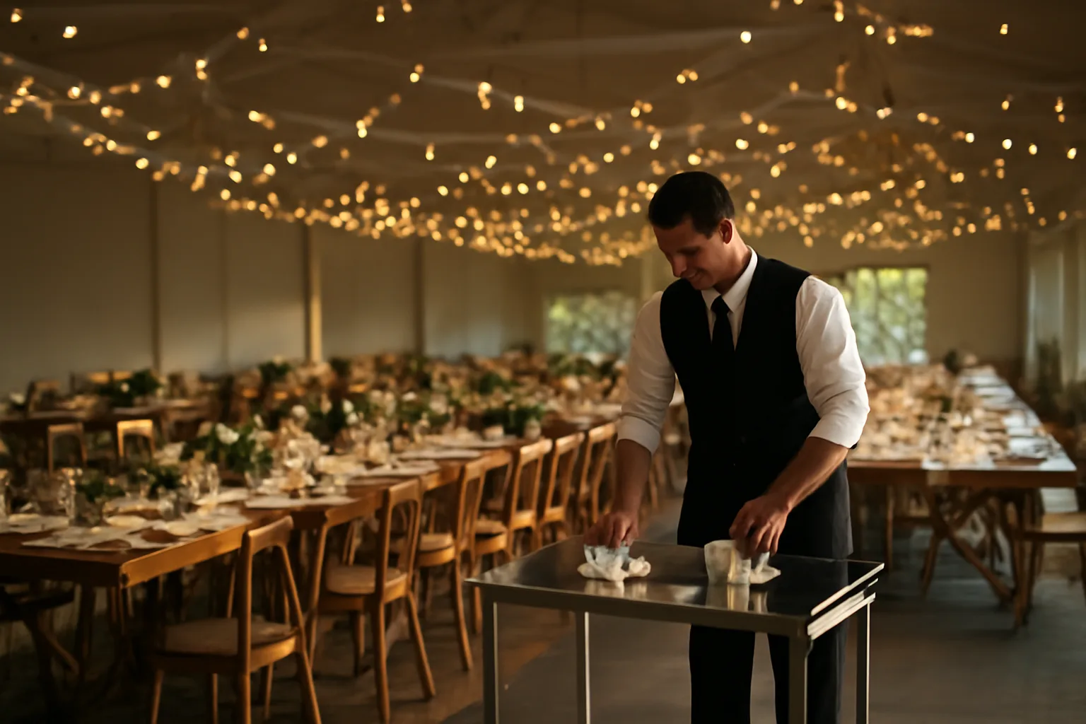 Temporary event bar setup at a wedding reception under string lights in Virginia