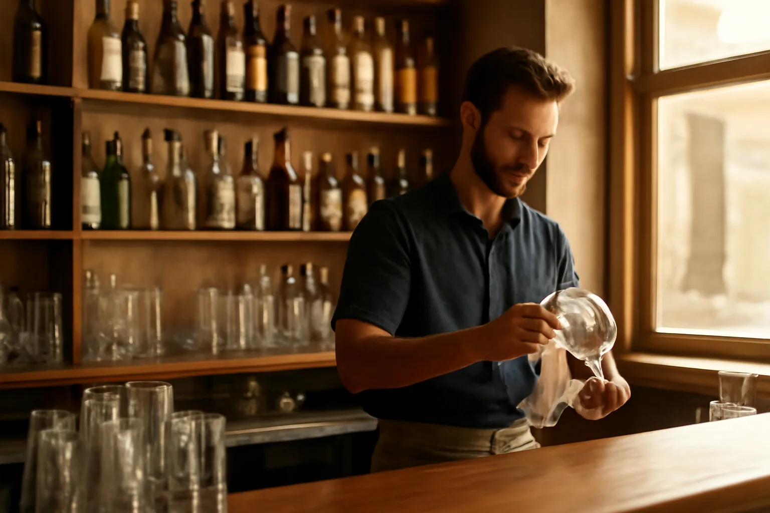 Bartender preparing a restaurant bar before opening, part of the ABC alcohol licensing process