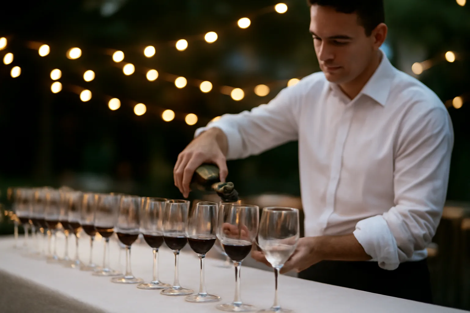 Server pouring wine at a table during a Virginia banquet license event