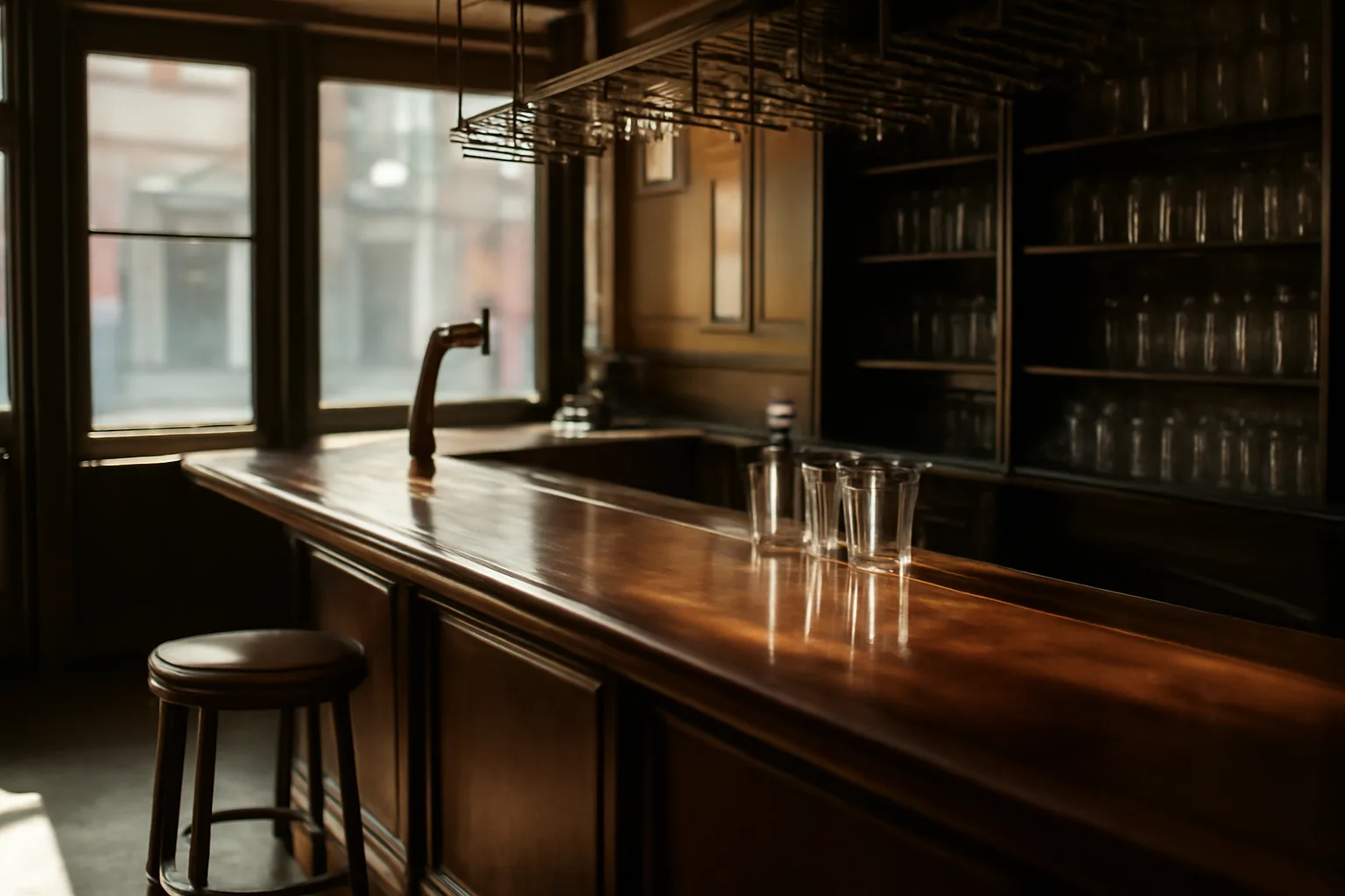 Empty sunlit bar counter before opening, representing the ABC bartending license process