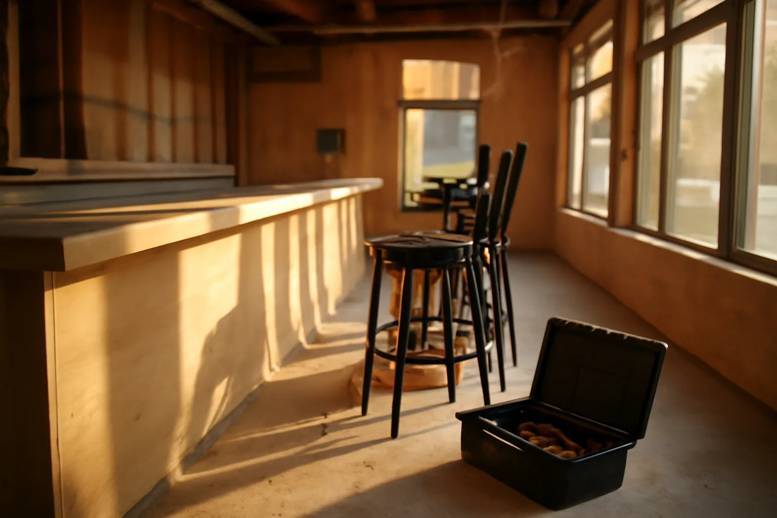 Empty restaurant bar under construction with afternoon light and stacked barstools