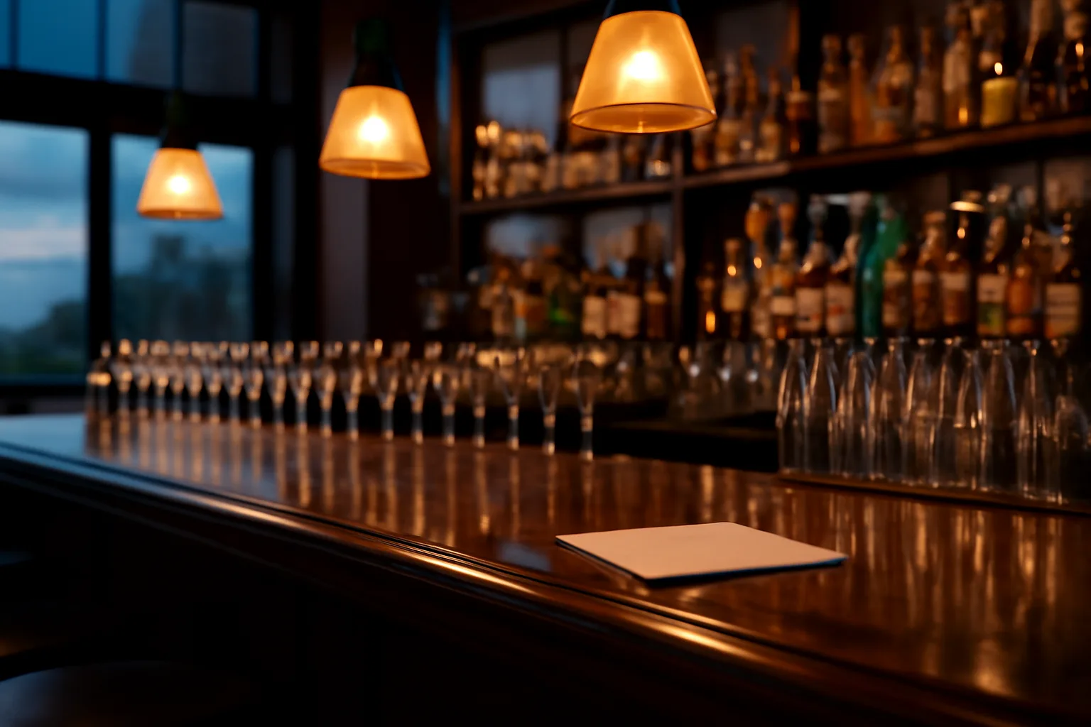 Empty restaurant bar counter with liquor bottles, representing California ABC license planning