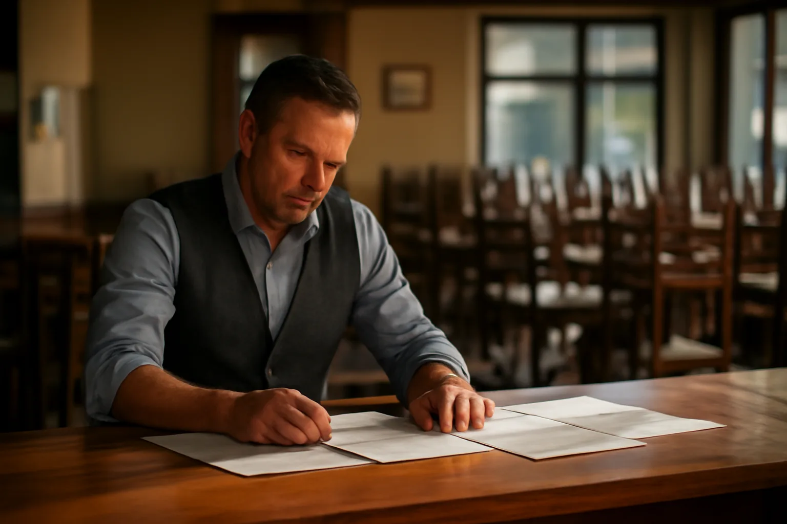 Restaurant owner reviewing liquor license paperwork on an empty bar counter