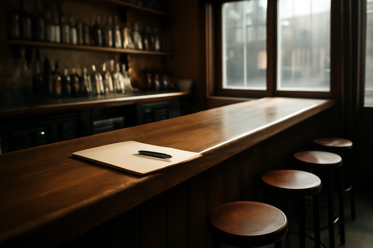 Empty restaurant bar counter in morning light before a liquor license inspection