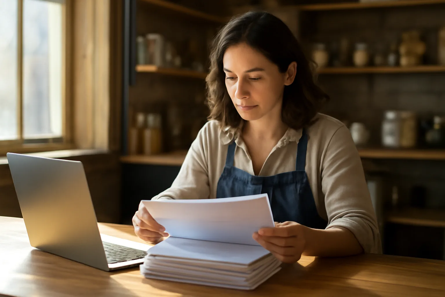 Restaurant owner reviewing ABC liquor license application forms at a desk