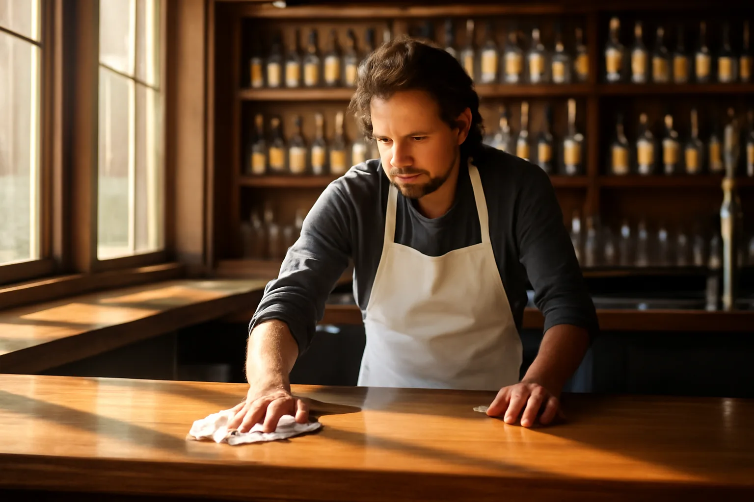 Empty bar counter in daylight before opening, bartender wiping down the bar