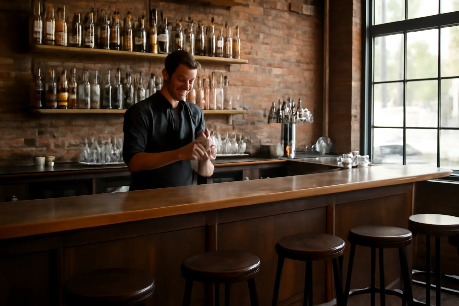 Bartender preparing a Kentucky restaurant bar for opening during licensing review