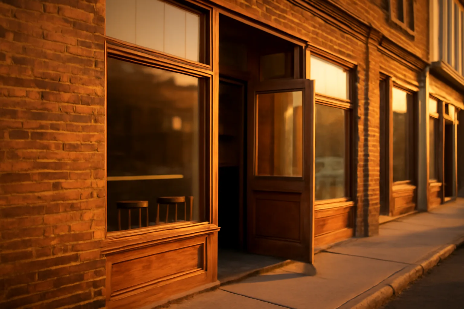 Kansas storefront at dusk representing a new bar awaiting its liquor license approval