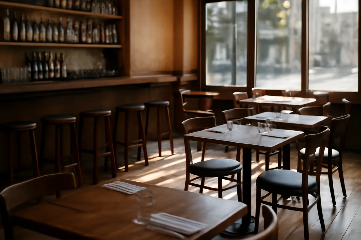 Empty restaurant bar interior with morning light before opening hours