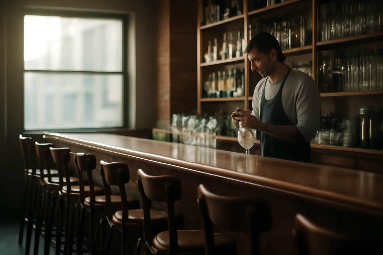 Bartender preparing an empty restaurant bar before opening, representing Delaware ABC license planning