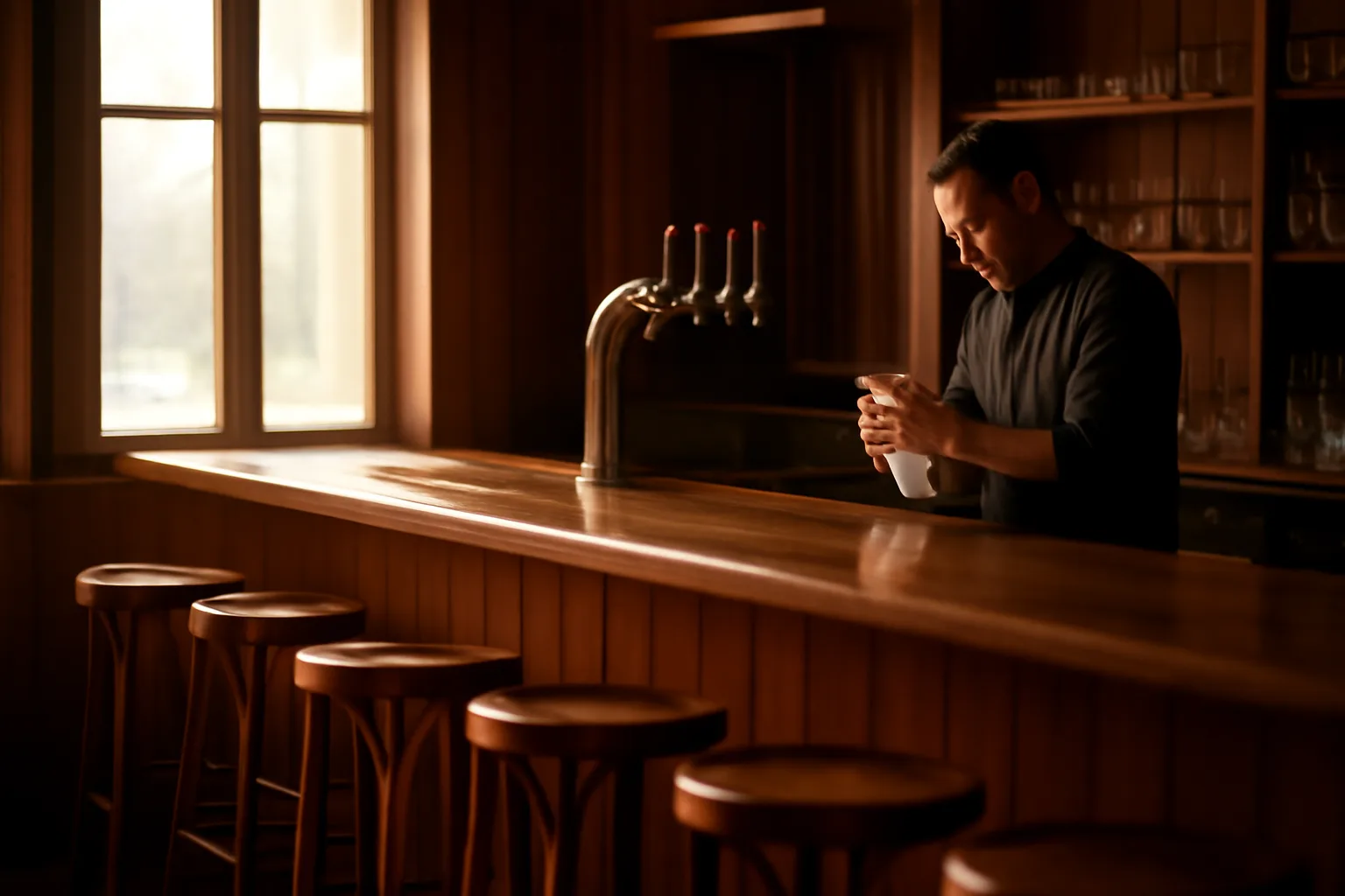 Bartender preparing an empty restaurant bar before opening, illustrating ABC license NC requirements