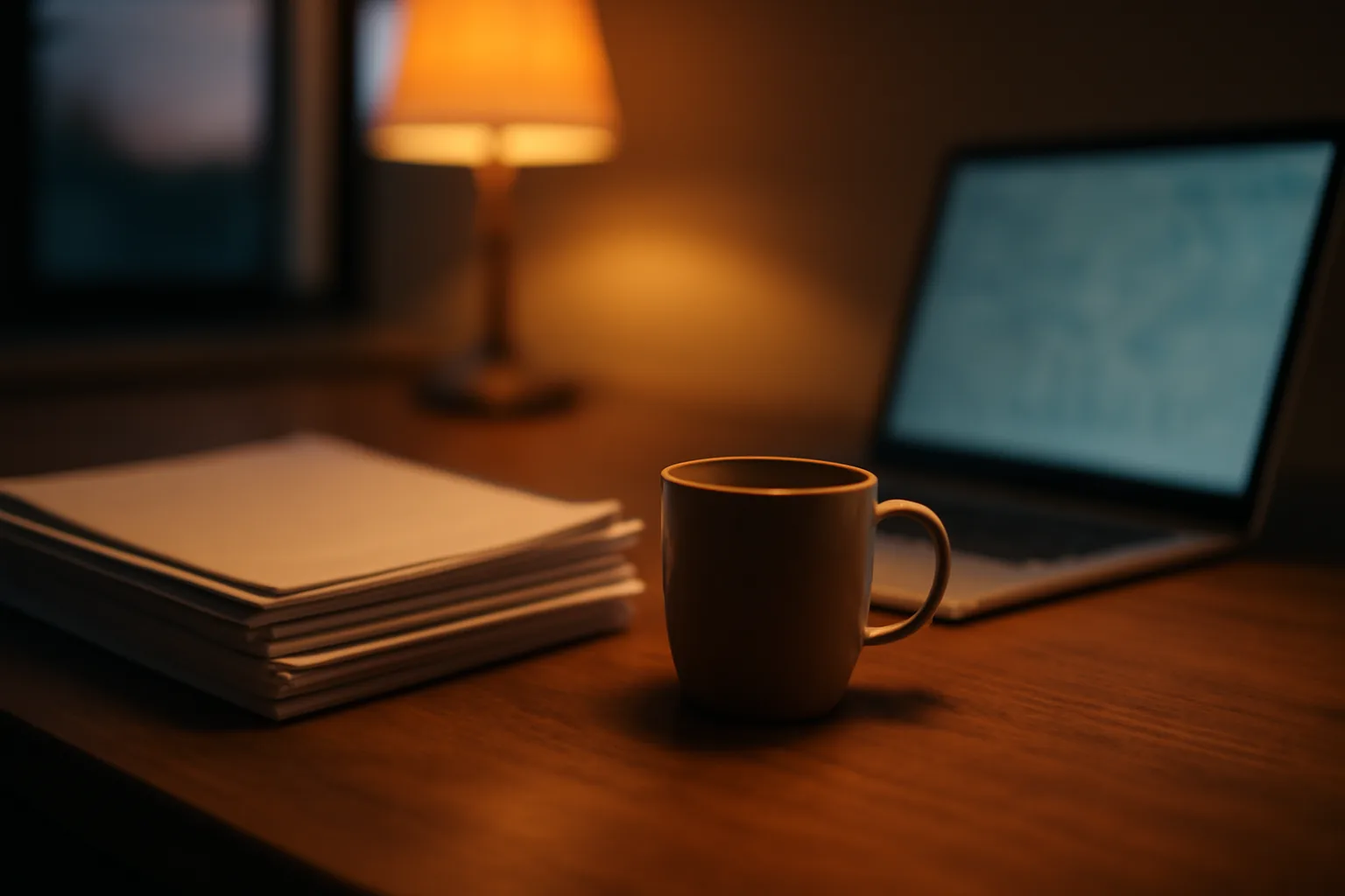 Restaurant owner's desk with liquor license paperwork and laptop at dusk