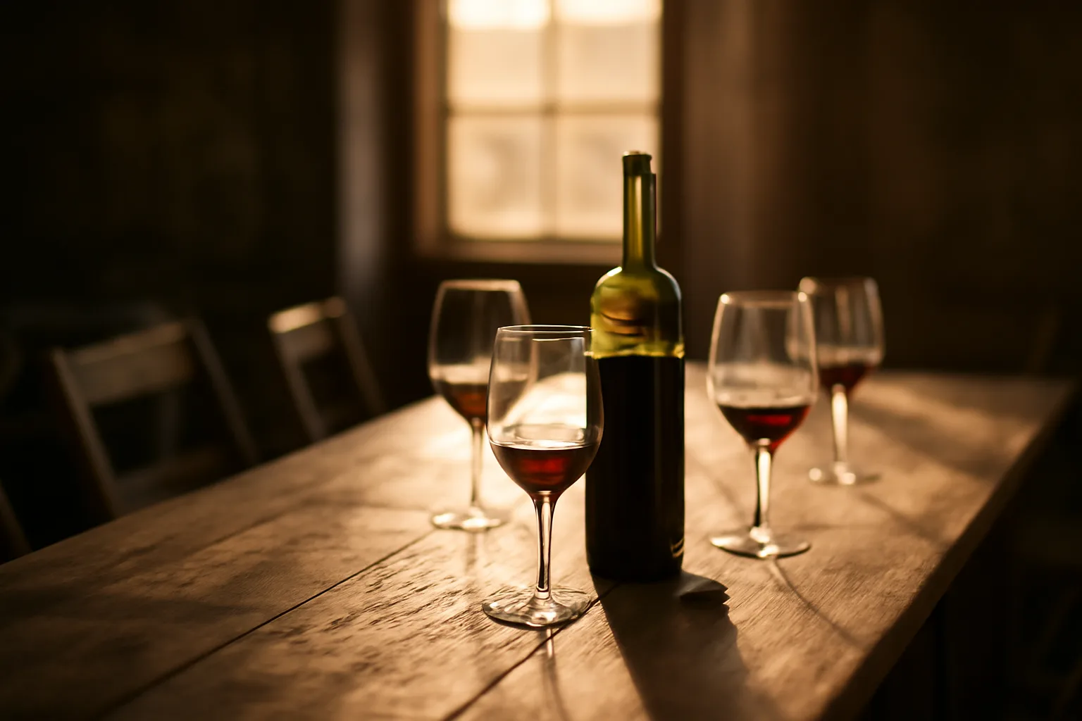 Sunlit barn reception table with wine glasses, illustrating alcohol service at a Virginia wedding
