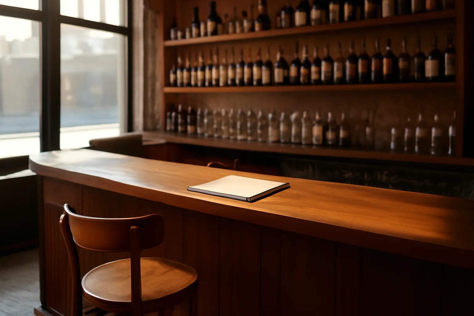 Empty restaurant bar in morning light before a Virginia ABC license inspection