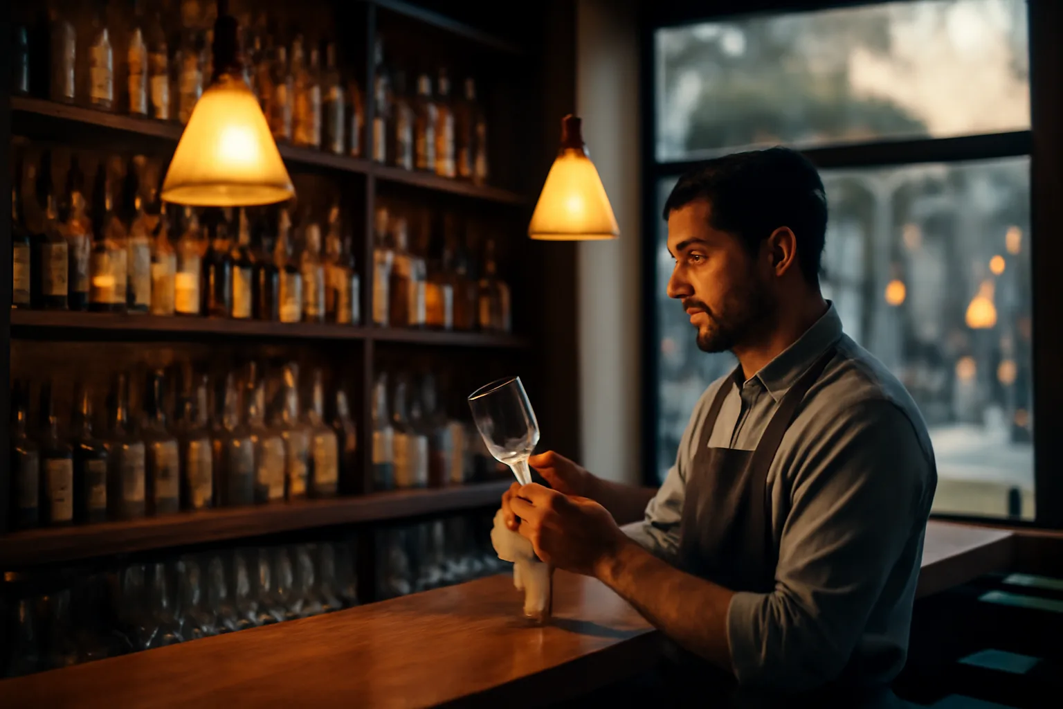 Bartender working behind a lit bar counter during evening service in California