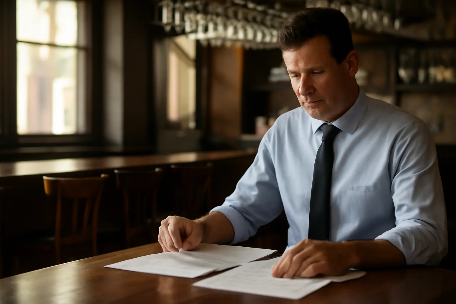 Restaurant owner reviewing license application documents at an empty bar counter