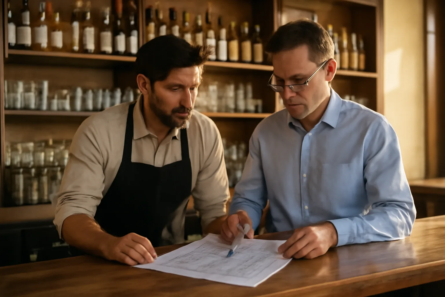 Restaurant owner and inspector reviewing floor plan at bar counter during ABC licensing review