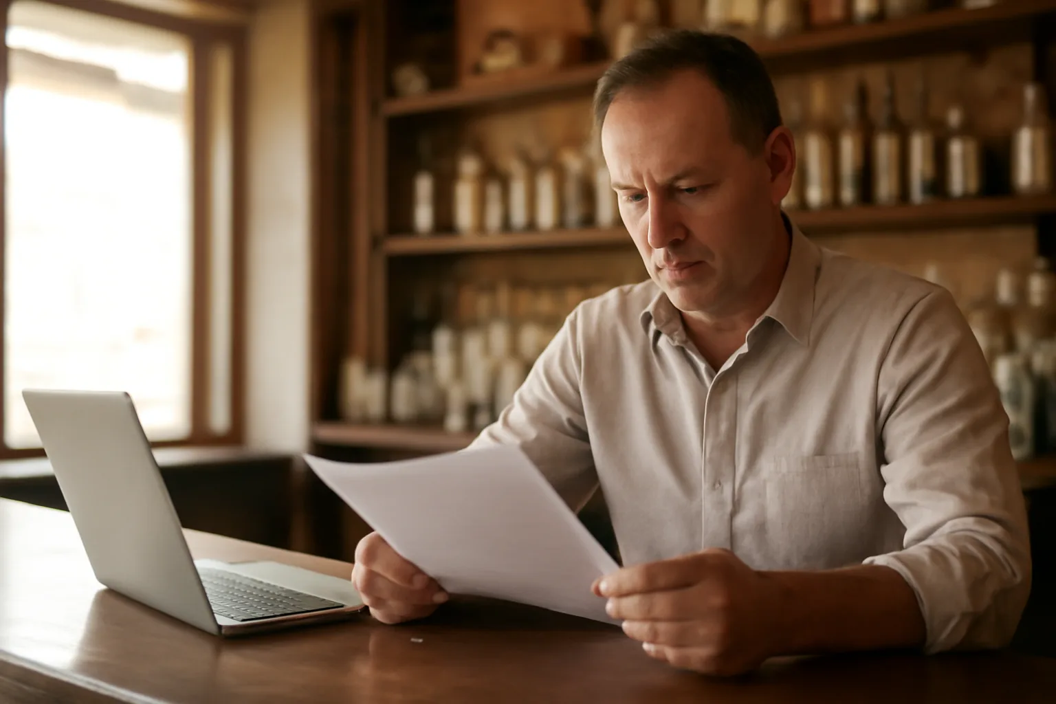 Bar owner reviewing paperwork at counter while planning an ABC liquor permit application
