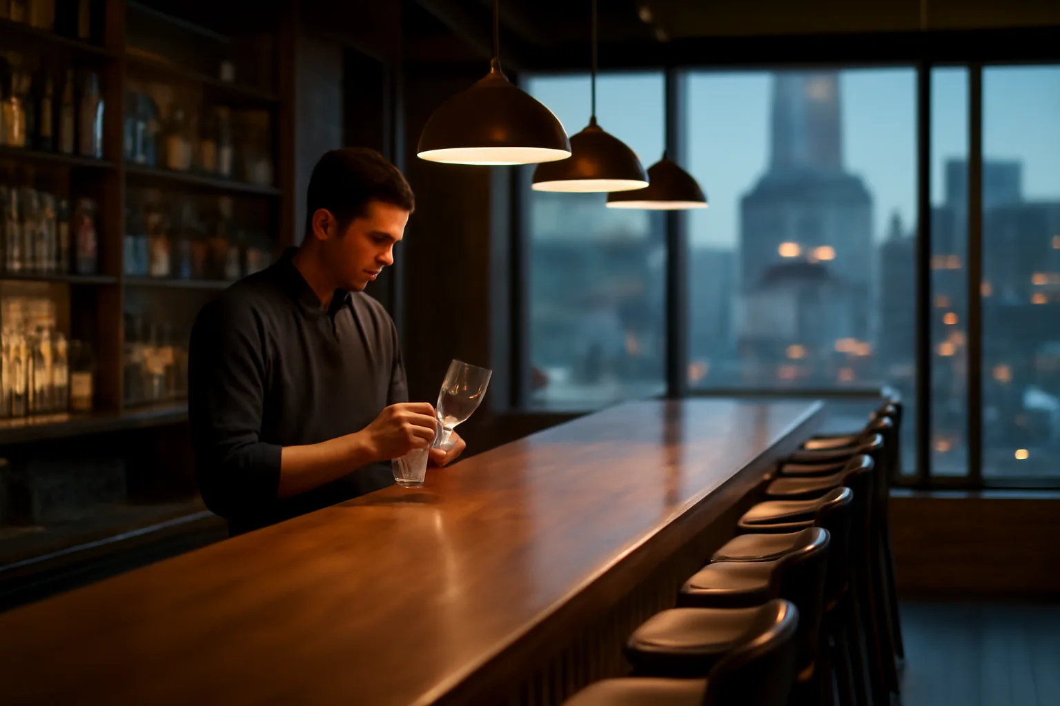 Bartender preparing an empty new bar before opening in Wichita Kansas
