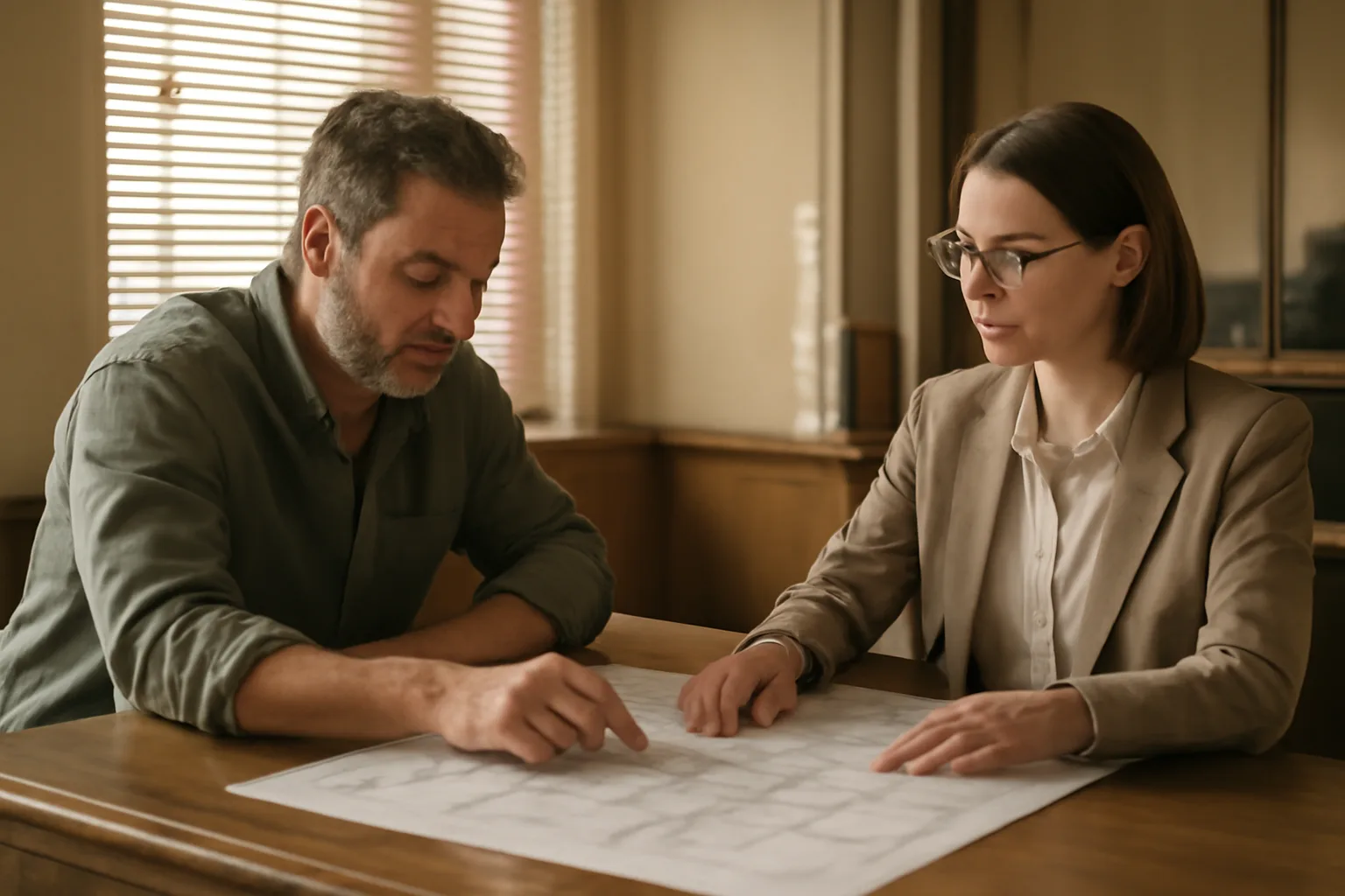 Restaurant owner reviewing floor plans with a clerk during a liquor license application meeting