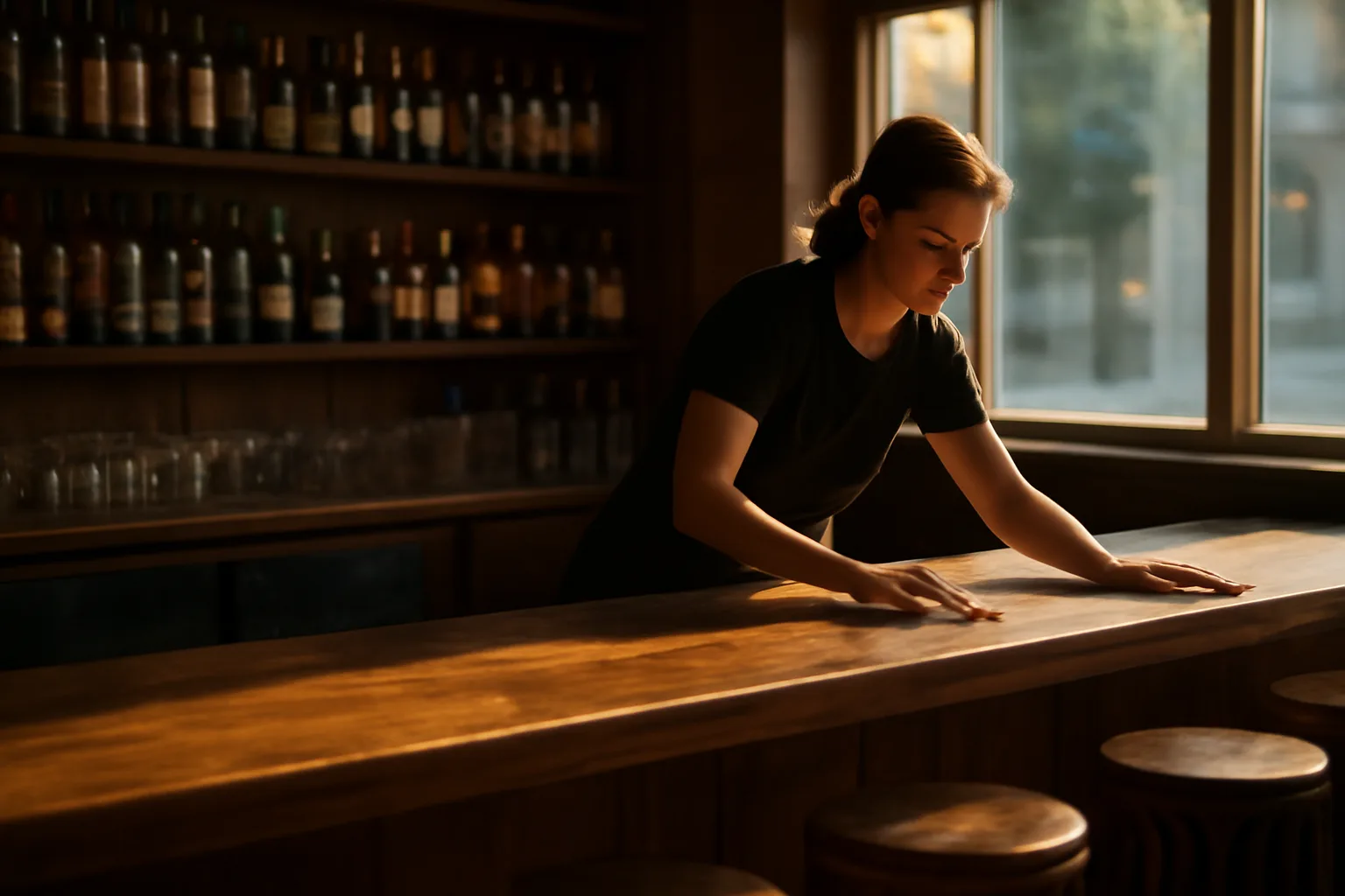 Empty restaurant bar interior in late afternoon light before opening for service