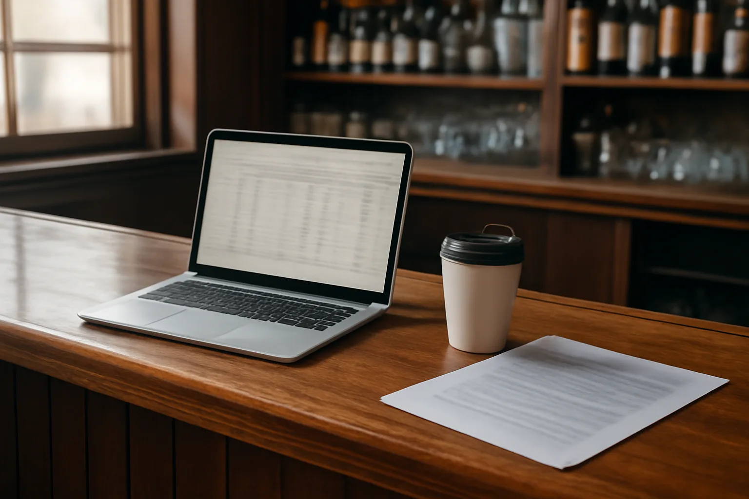 Laptop and lease documents on a bar counter during an ABC license search