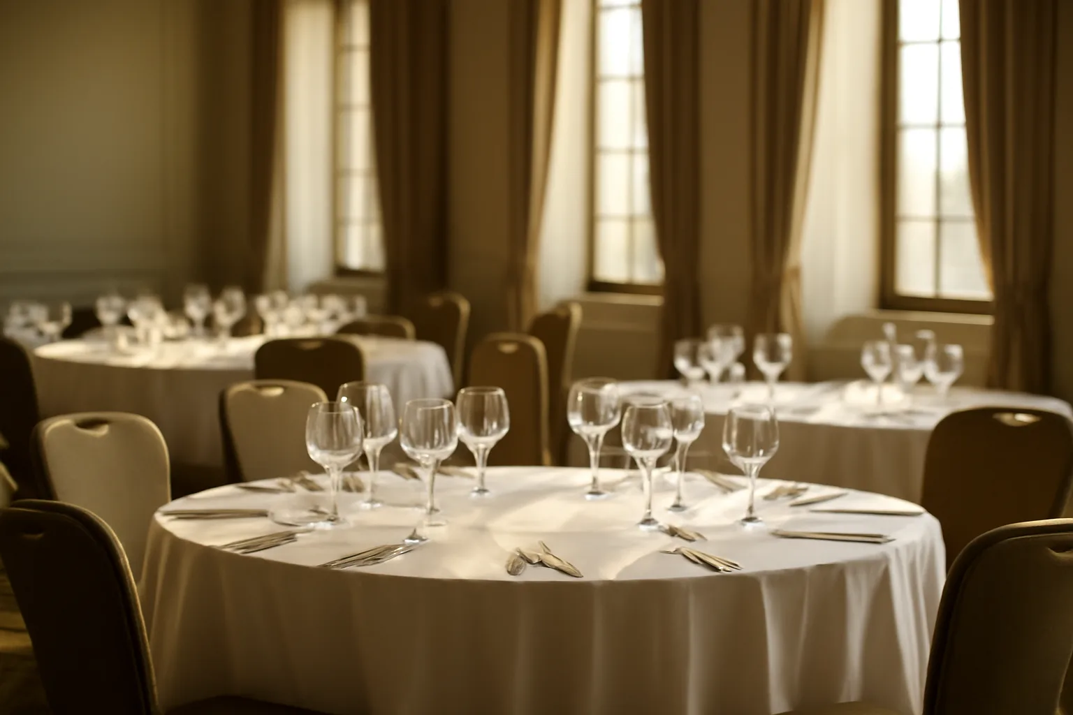 Empty banquet hall set with linens and glassware before a licensed alcohol event