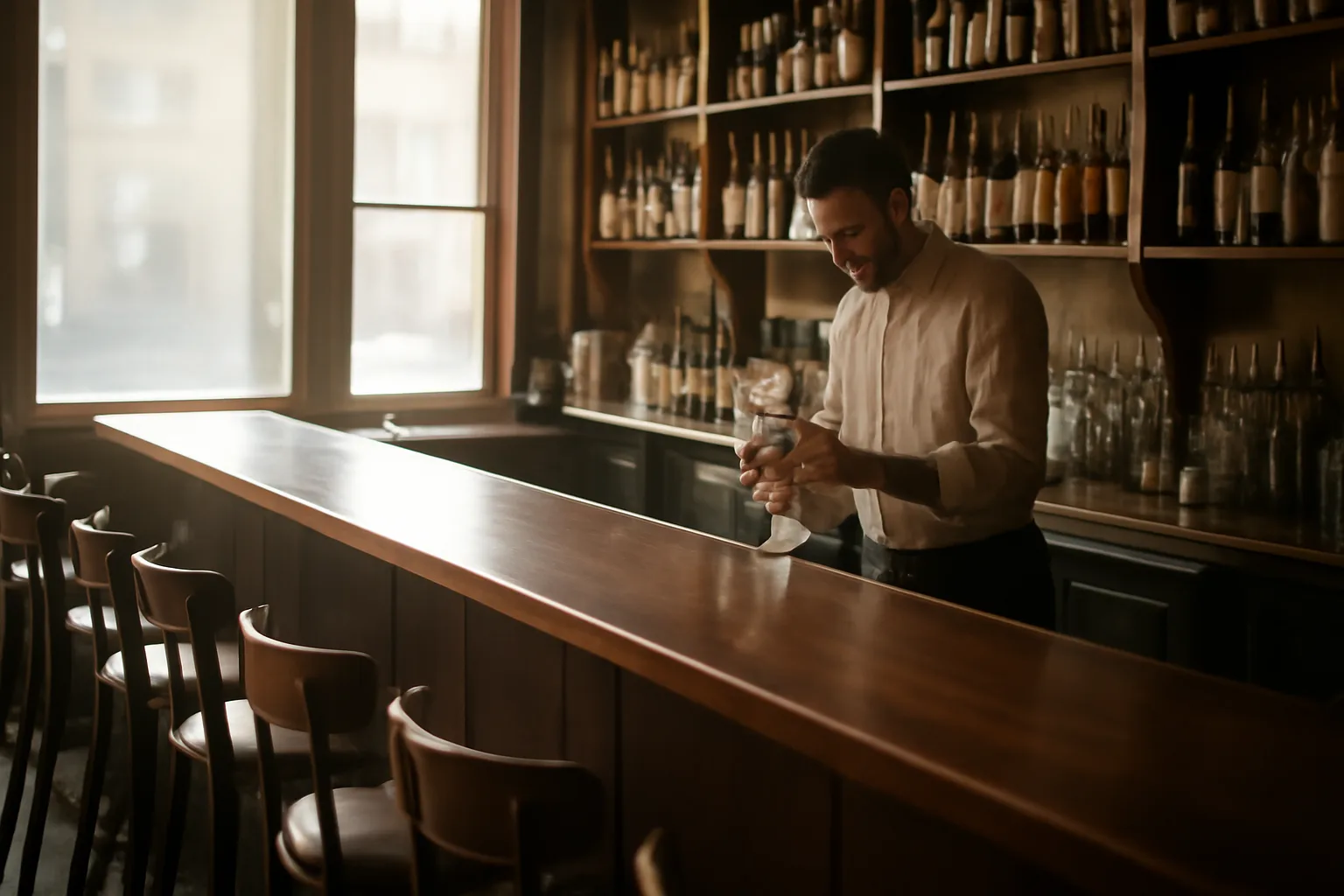 Empty restaurant bar in morning light before a Virginia ABC license opening