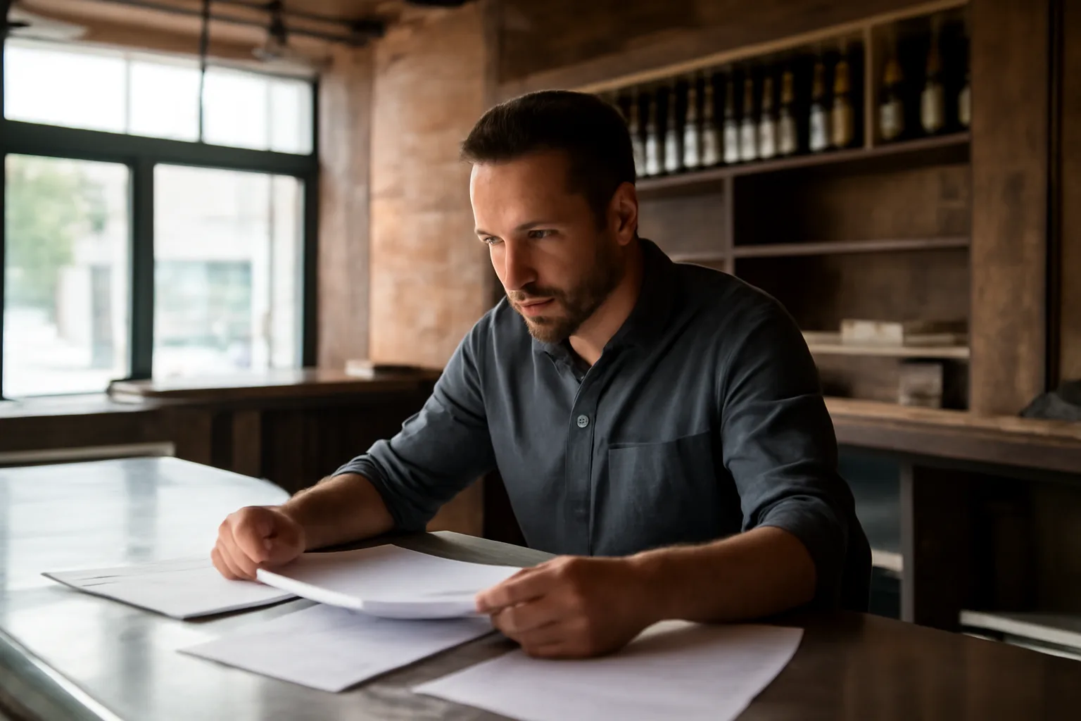 Restaurant owner reviewing licensing paperwork on a counter in an unfinished new bar space
