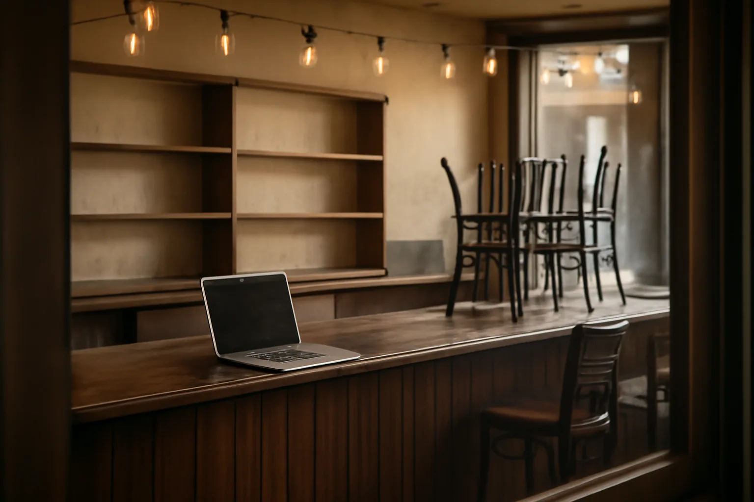 Bar owner working on a laptop inside an unopened bar awaiting its liquor license