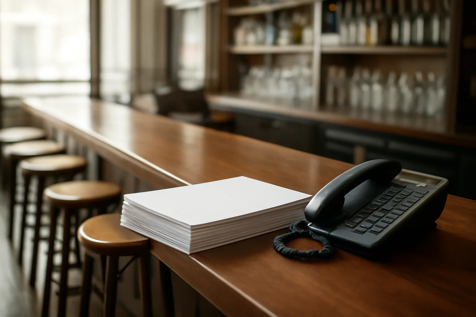 Empty restaurant bar counter with paperwork, representing Oklahoma liquor license application process