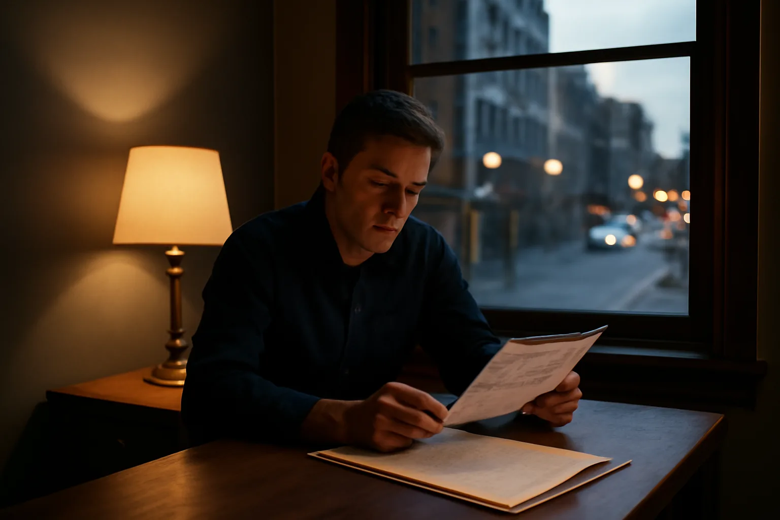 Bar owner reviewing licensing paperwork at a desk while planning an opening date