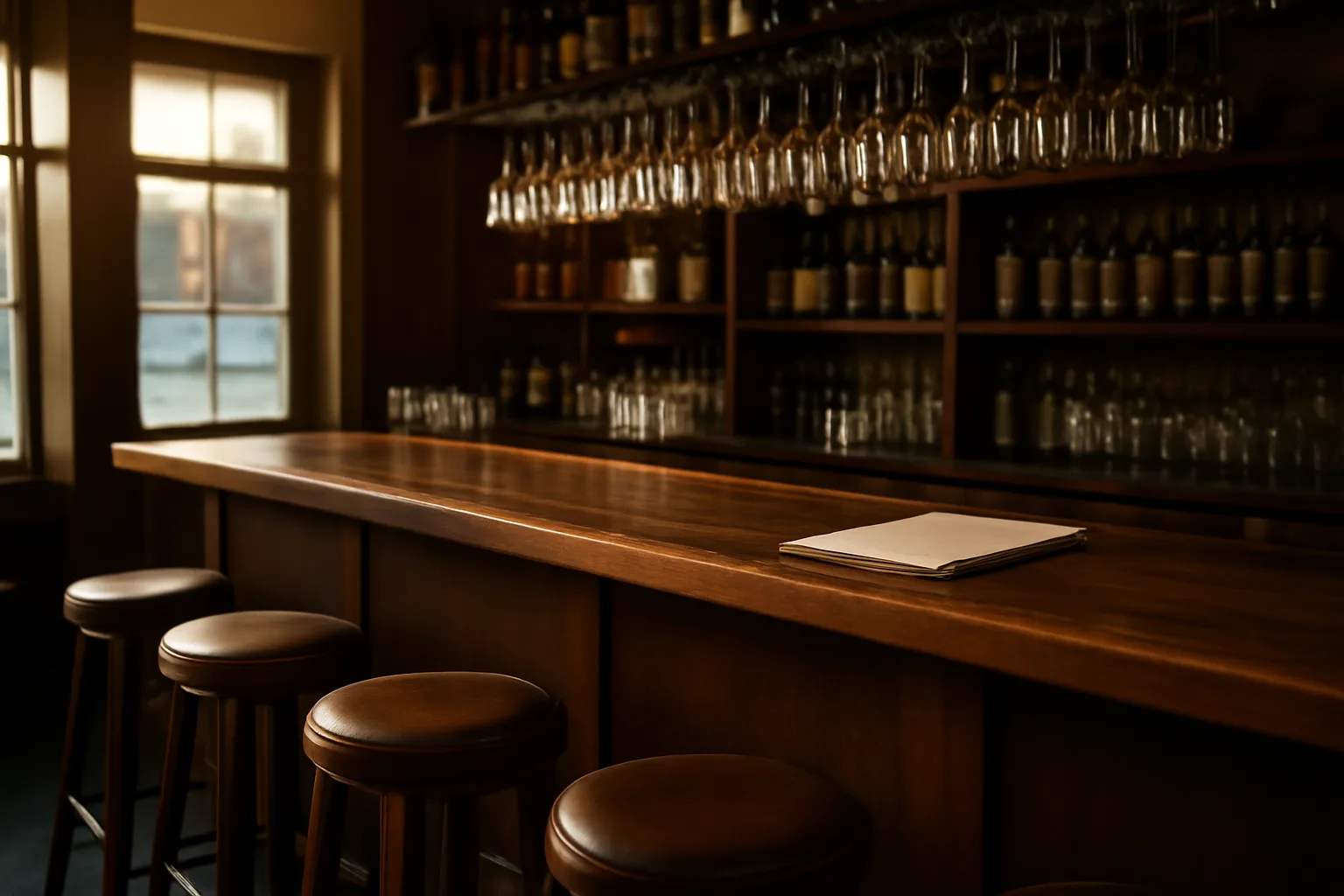 Empty restaurant bar counter with paperwork, representing California alcohol license planning