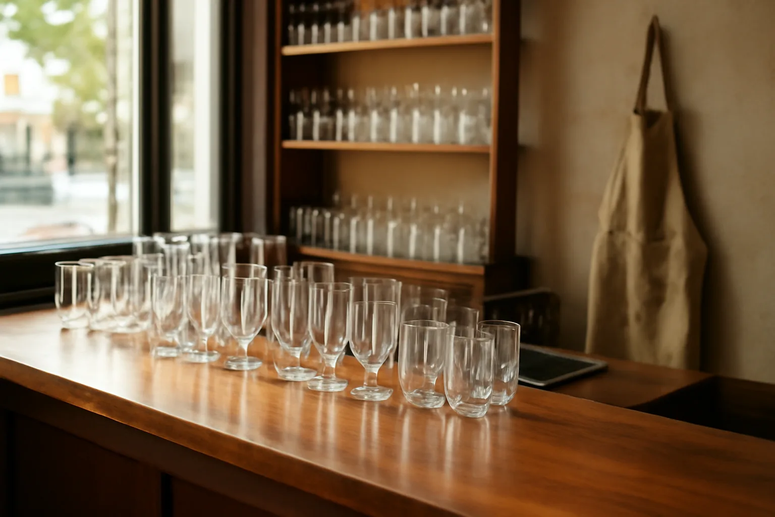 Empty restaurant bar counter with glassware, representing the alcohol and beverage licensing process