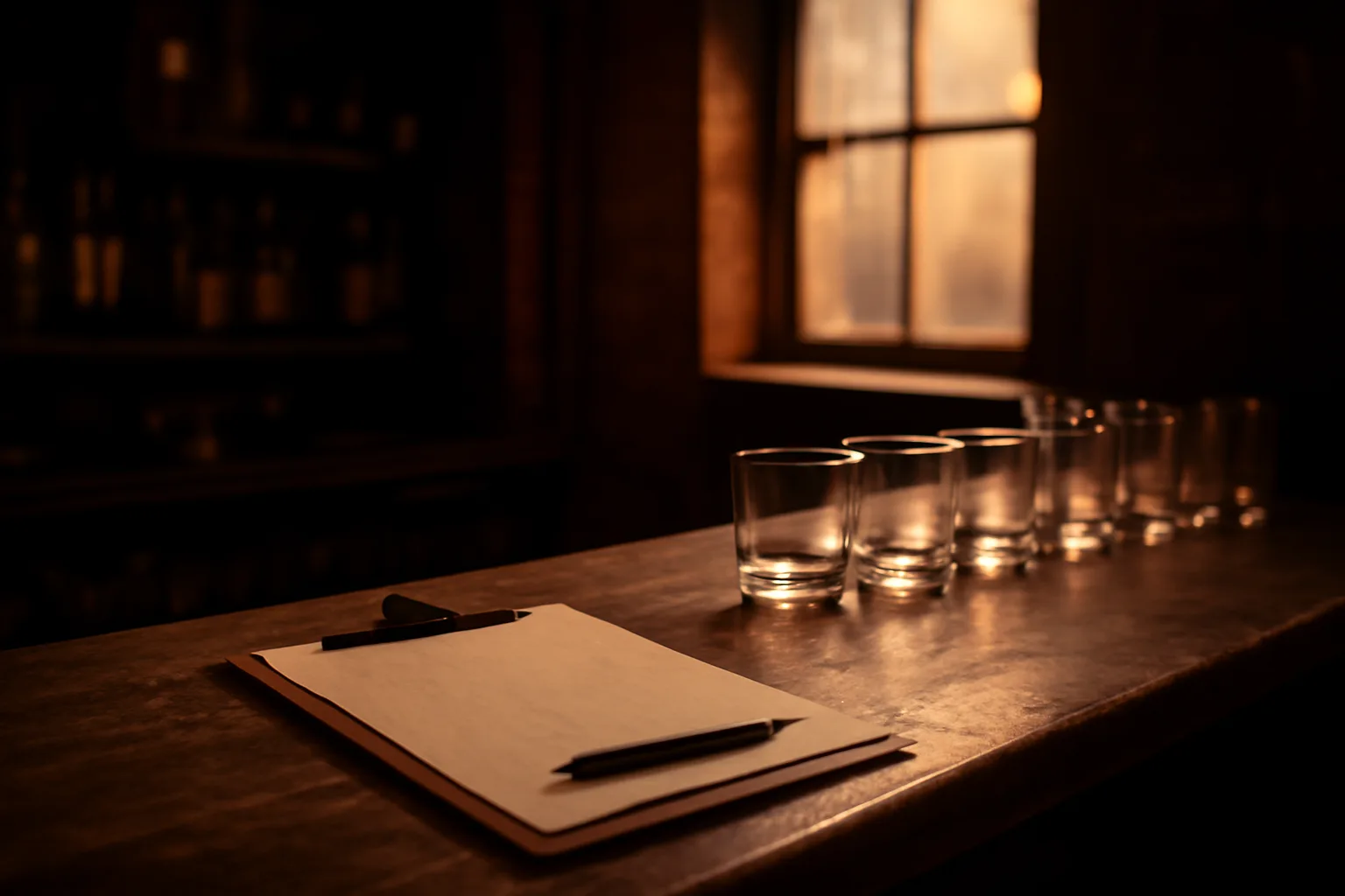 Empty bar counter with clipboard, representing the alcohol Arizona liquor license application process