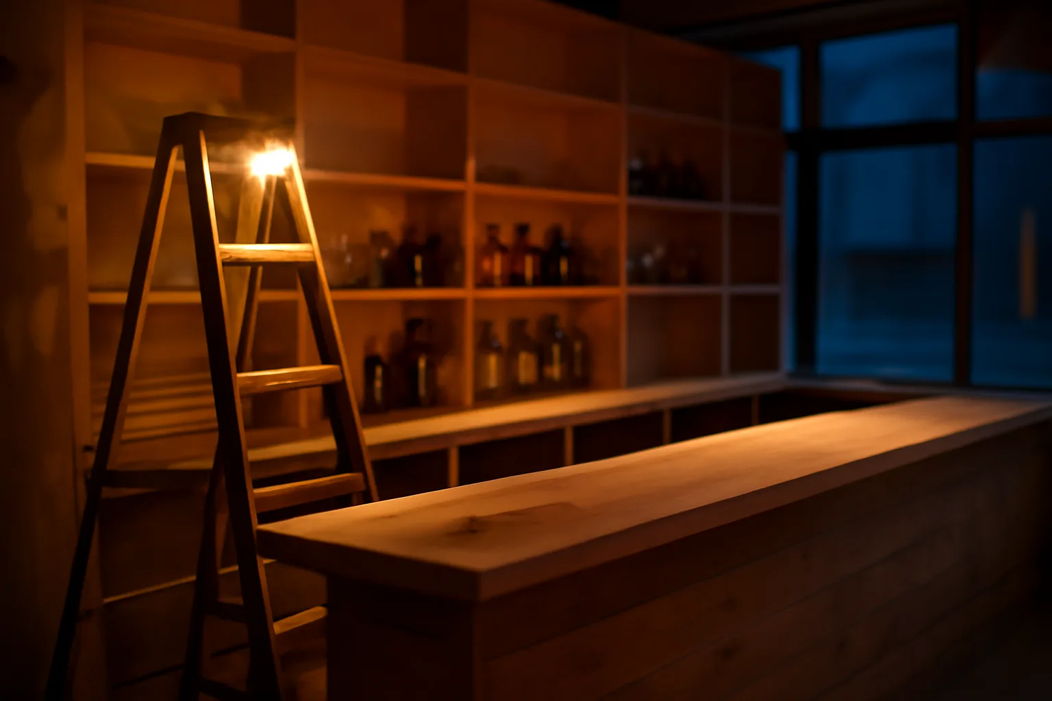 Bar counter under construction with shelving and a work light before opening