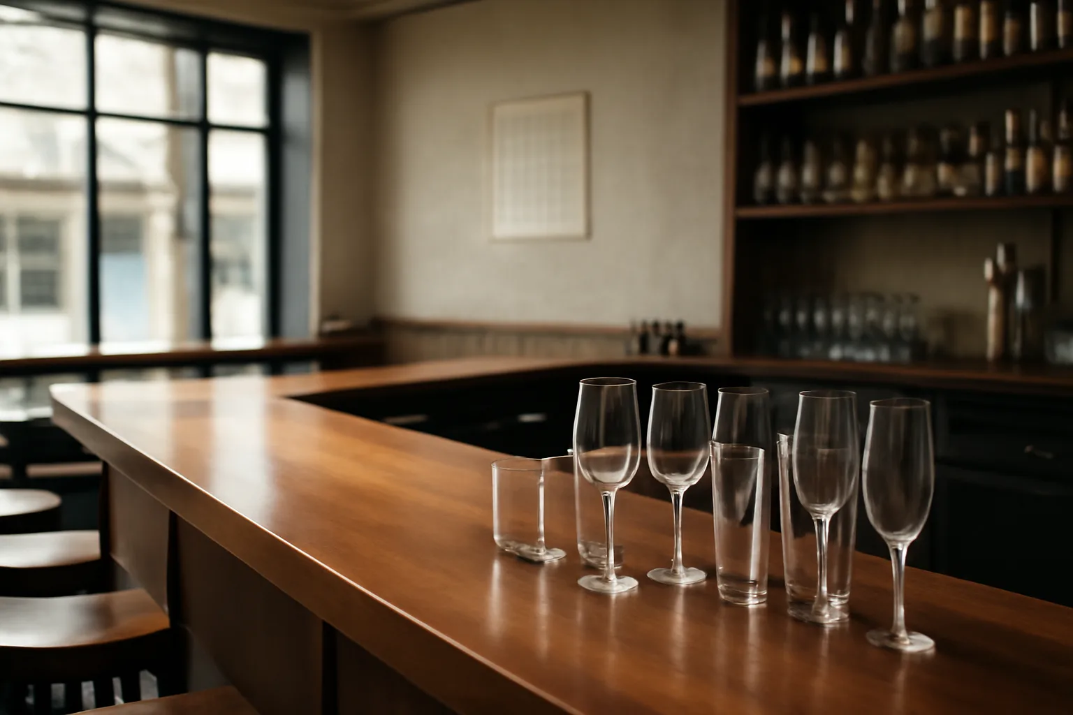Empty restaurant bar counter before opening, representing Kentucky alcohol beverage control licensing prep