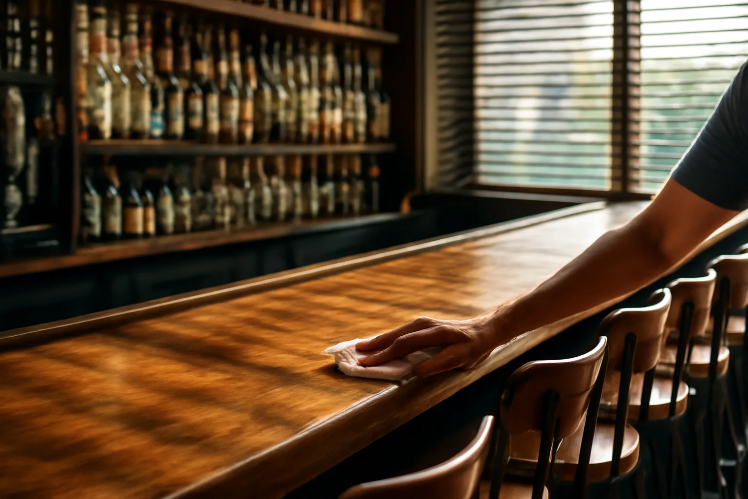 Sunlit restaurant bar interior in Florida with liquor bottles on the back shelf