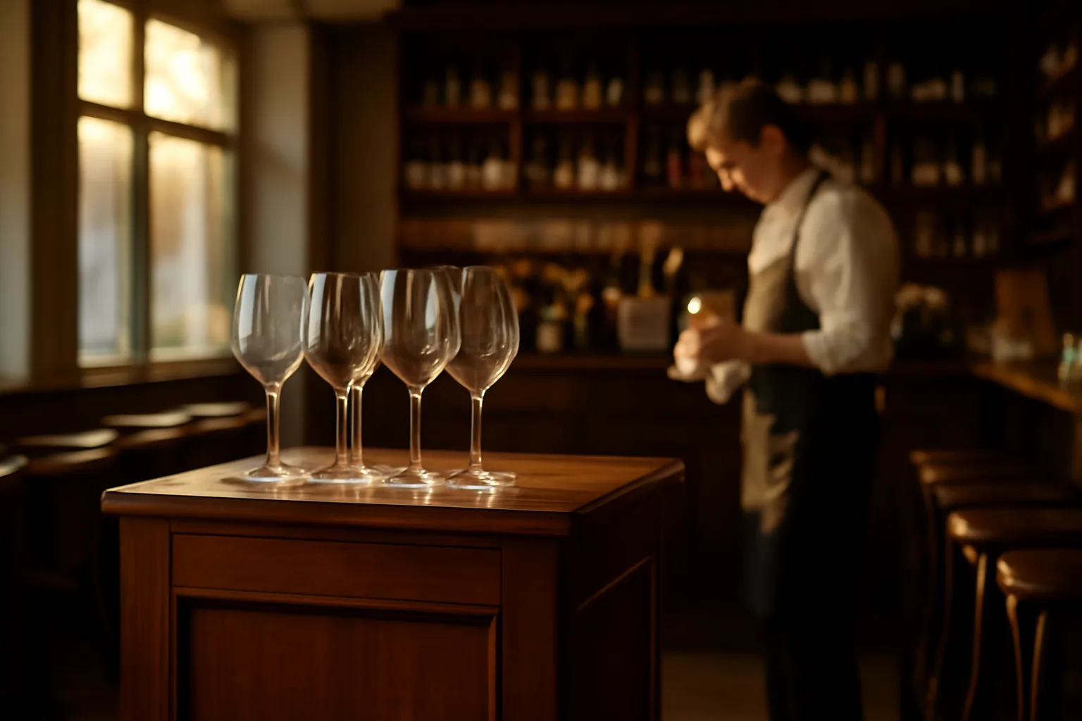 Restaurant bar area with wine glasses illustrating an alcohol licence for restaurant setup