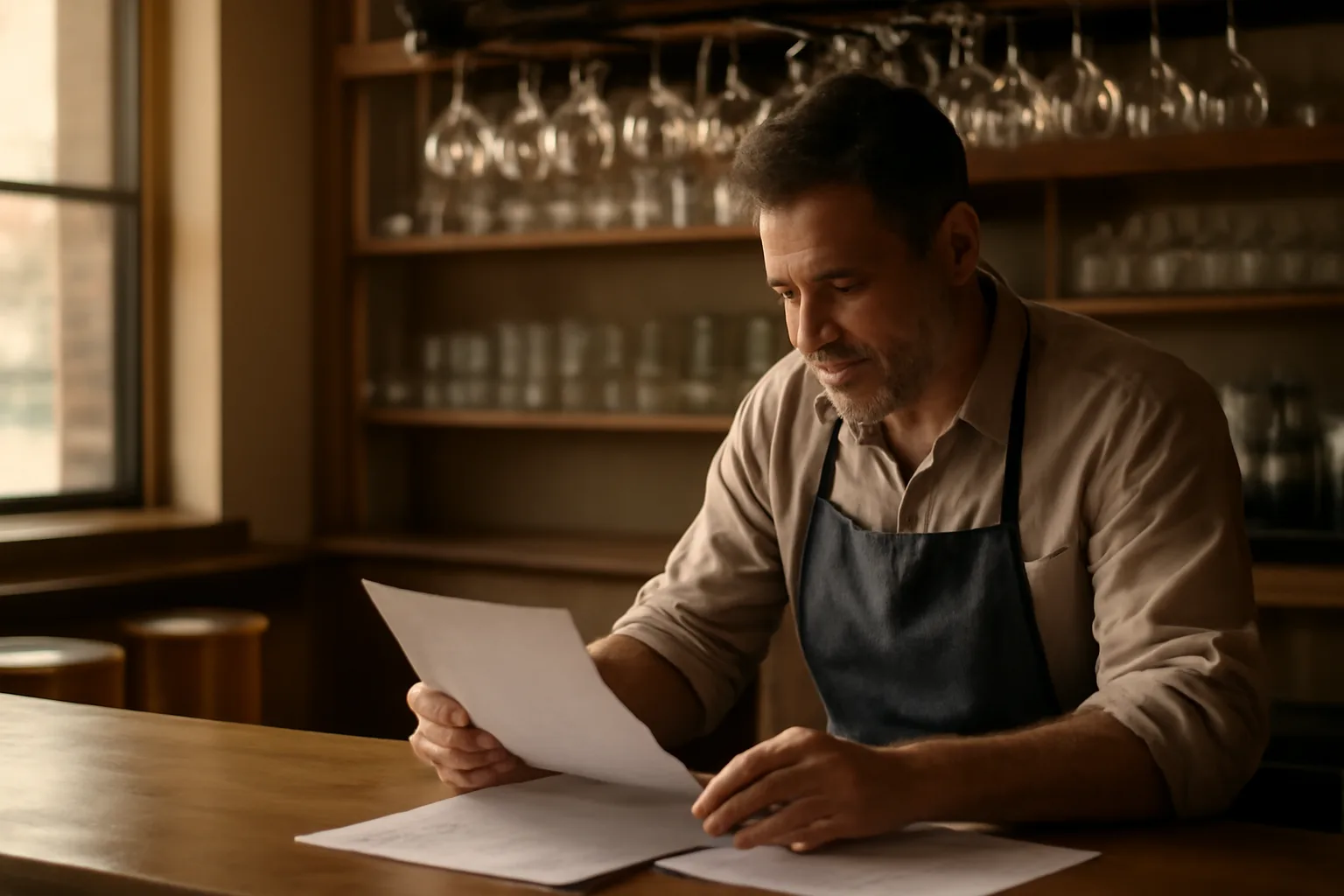 Restaurant owner reviewing an alcohol license application at an empty bar counter