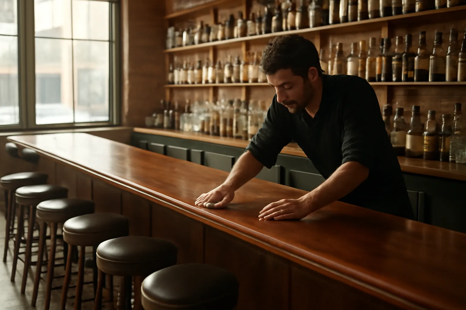 Empty restaurant bar in morning light before opening, illustrating alcohol license PA planning
