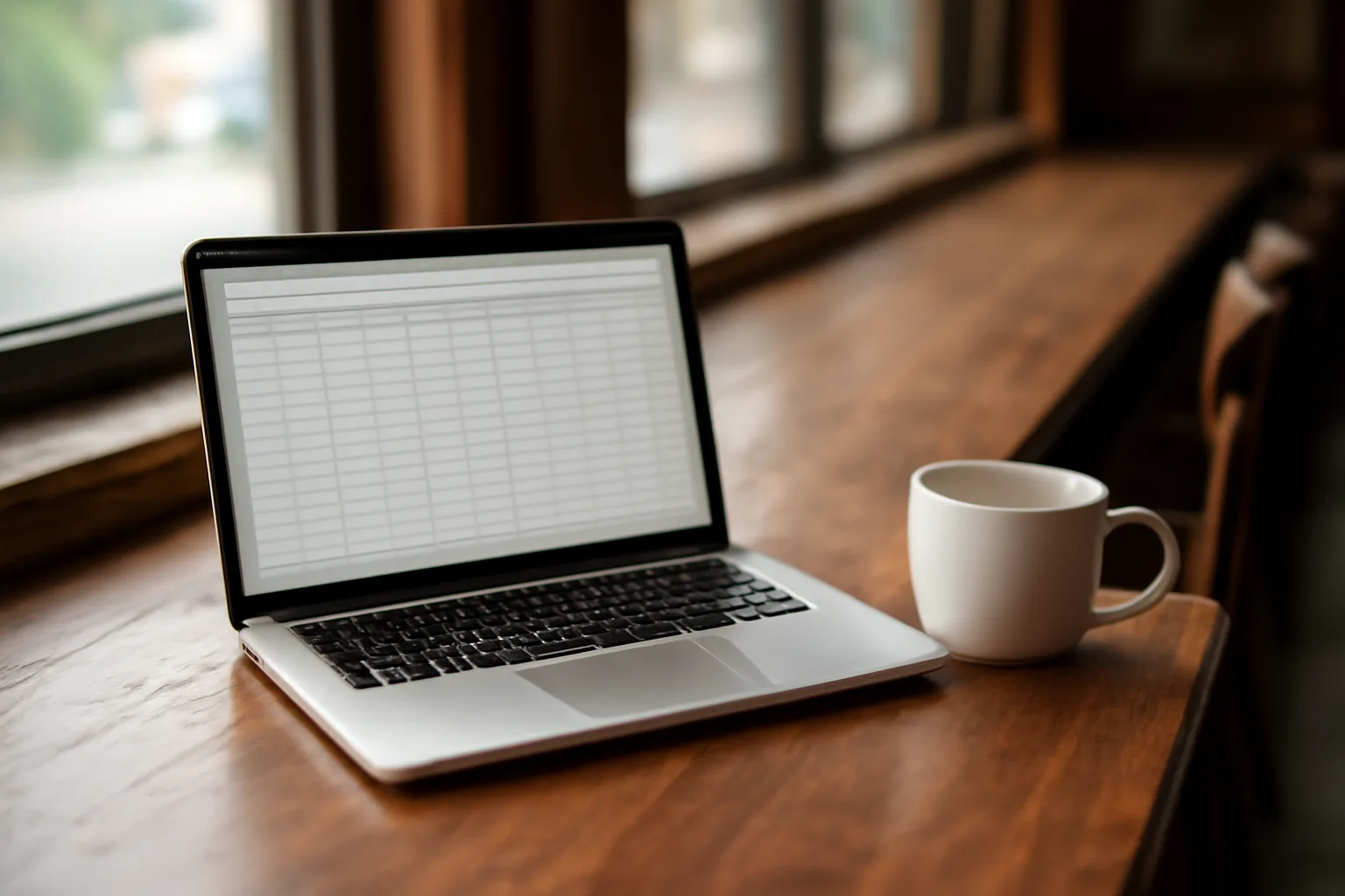 Laptop and coffee mug on a bar counter during an alcohol license search