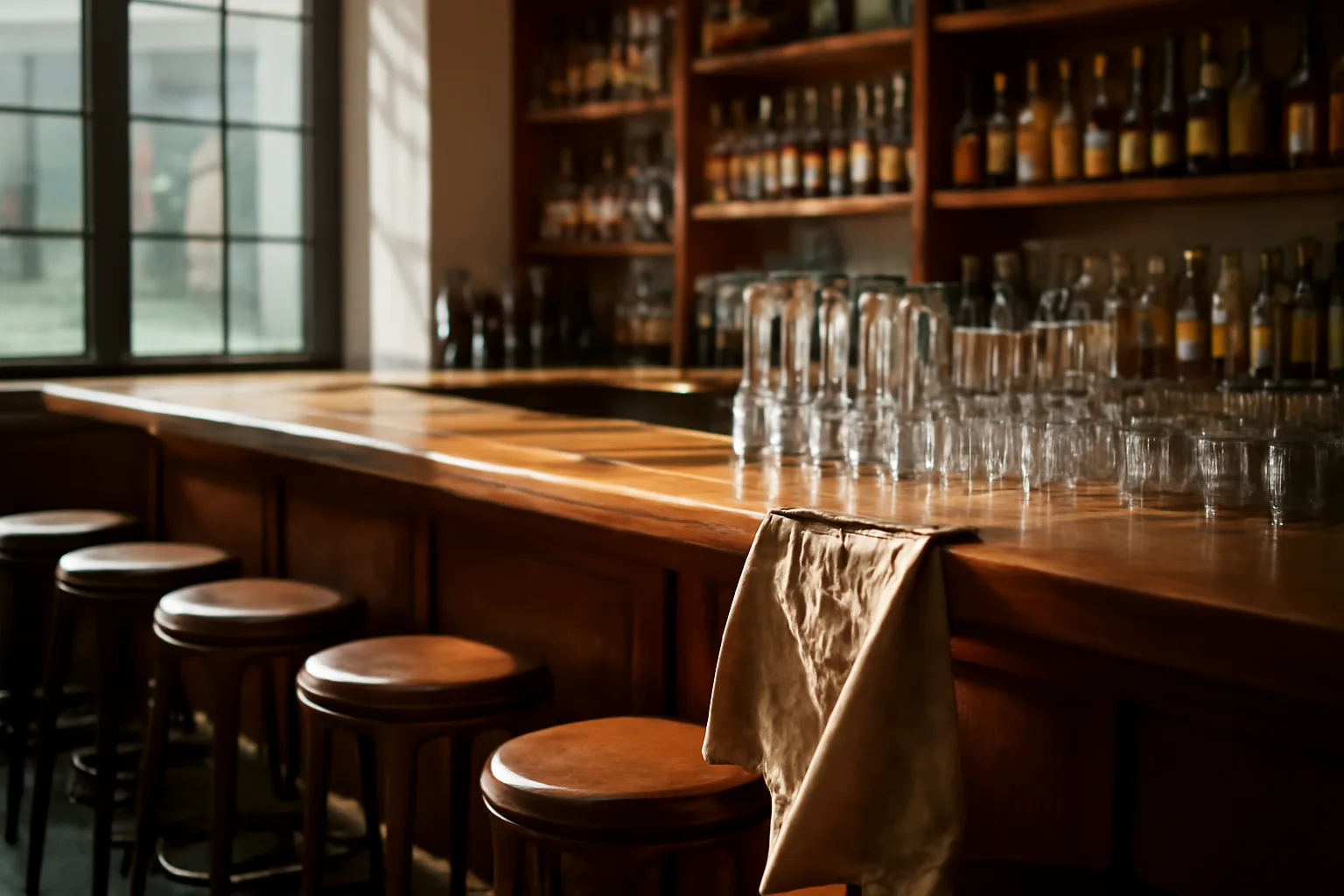Empty restaurant bar with liquor bottles and stools in afternoon light