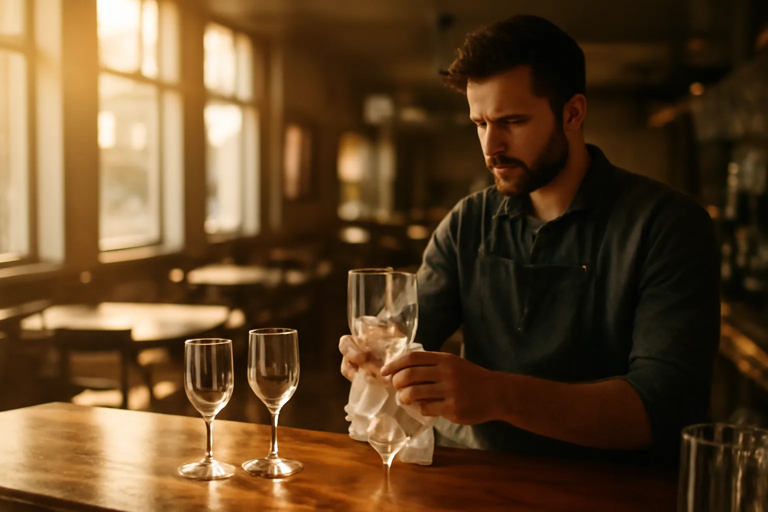 Bartender preparing a restaurant bar before opening while alcohol permit paperwork process is underway
