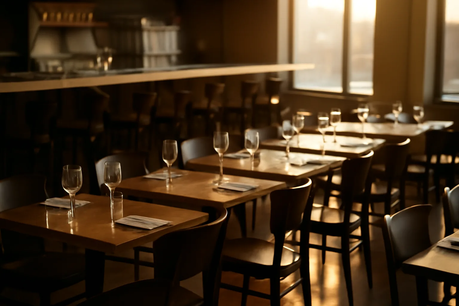 Empty new restaurant dining room and bar before opening, alcohol permit Utah context