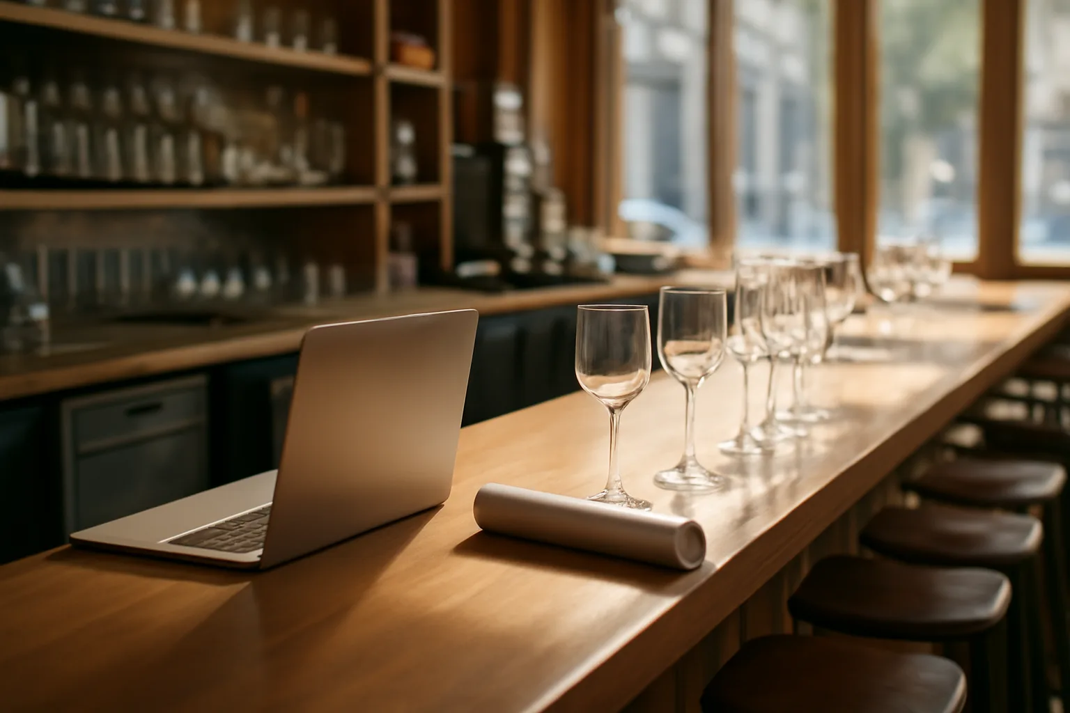 Empty restaurant bar counter with paperwork and laptop before opening day