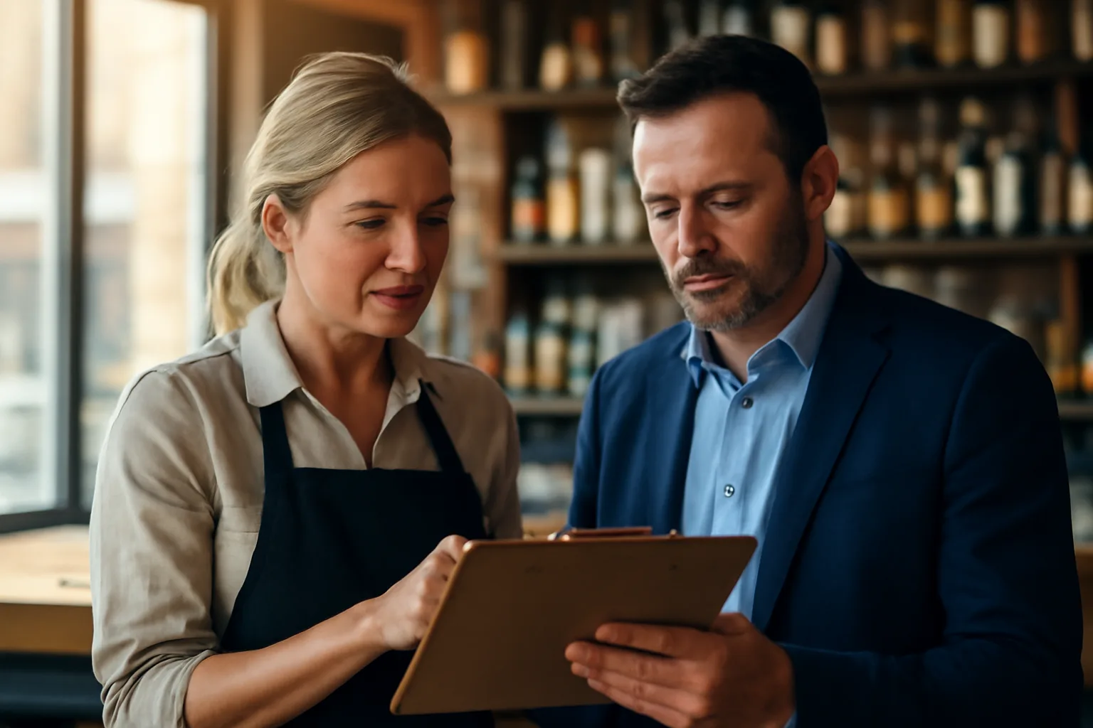Restaurant owner and inspector reviewing checklist near bar counter during licensing inspection