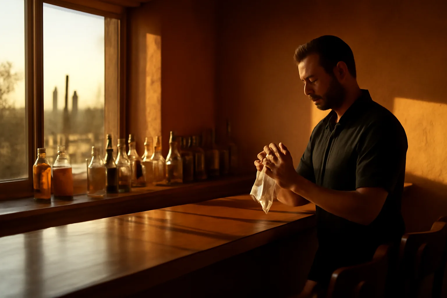 Bartender at an Arizona restaurant bar counter in late afternoon light