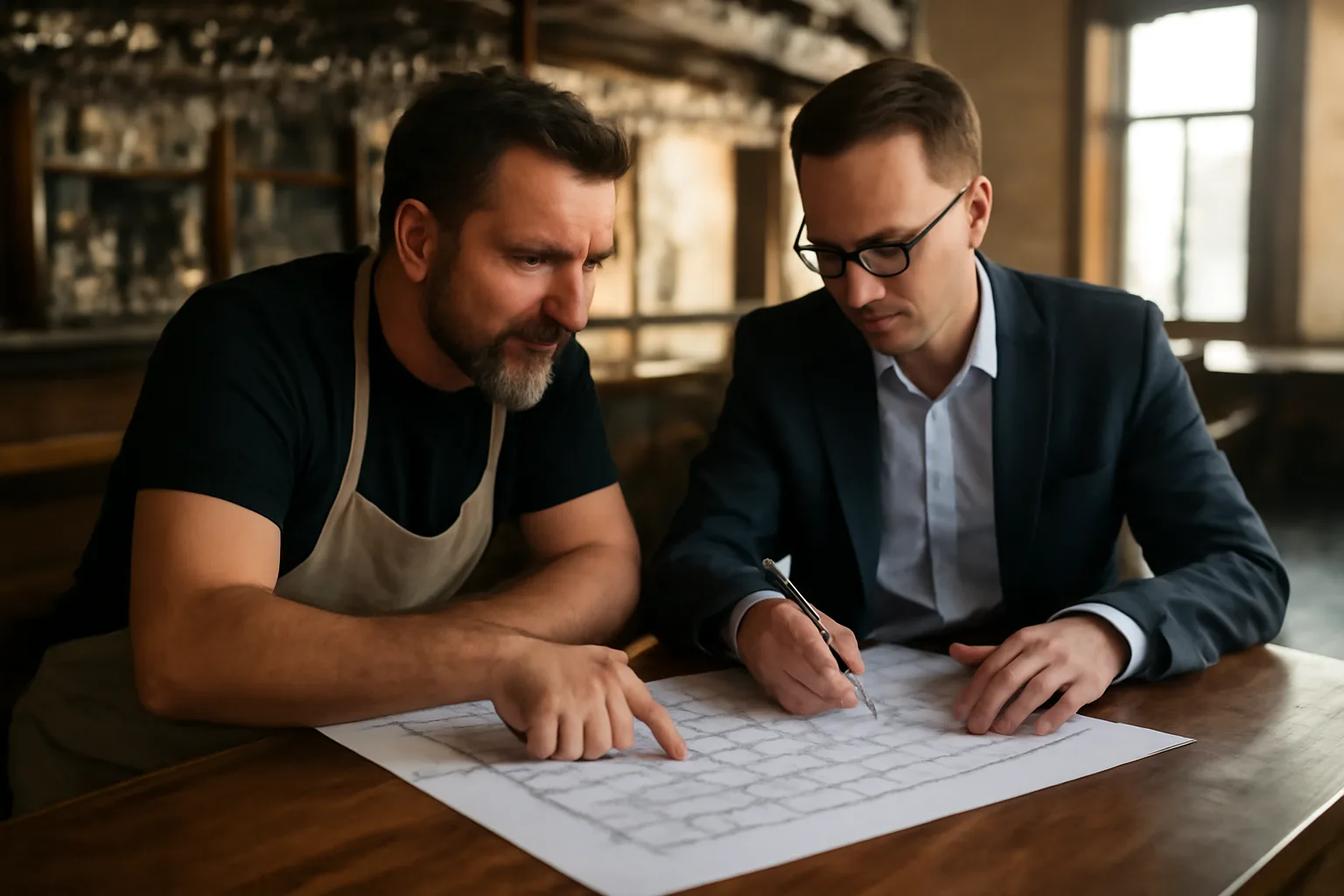 Restaurant owner and inspector reviewing floor plan near an empty bar counter